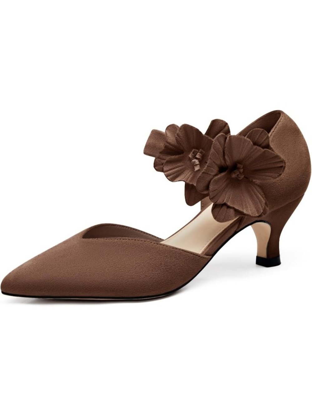 Women's Suede Coffee Low Kitten Heel Closed Toe Flower Slip on Formal Heel Pumps